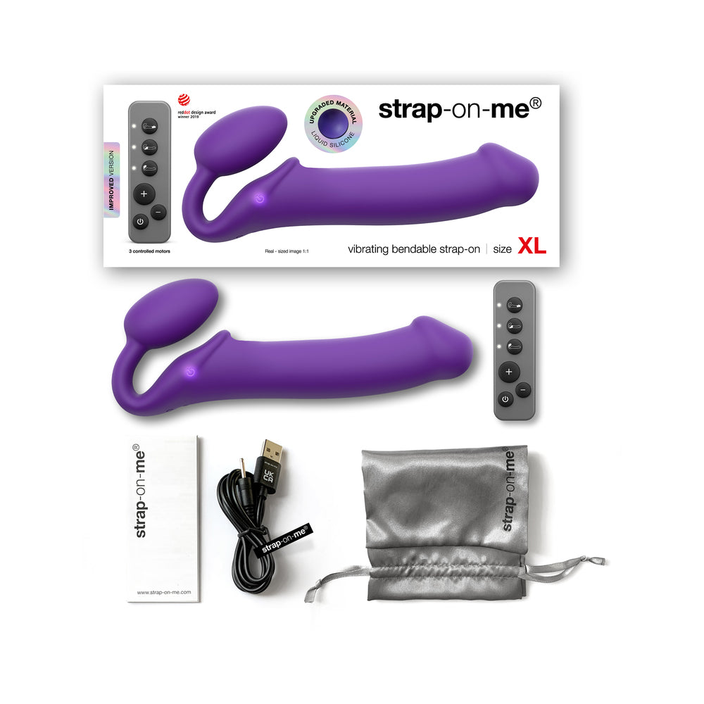 Strap-On-Me Rechargeable Remote-Controlled Silicone Vibrating Bendable Strap-On Purple XL Purple XL Strap-On-Me set with remote, cable, pouch and box