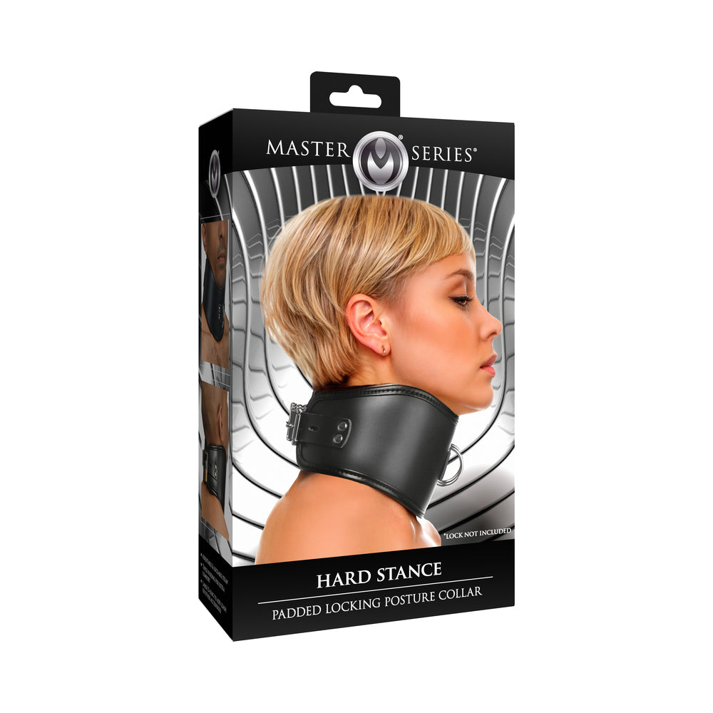Master Series Hard Stance Padded Locking Posture Collar XR Brands Master Series Hard Stance black padded posture collar fastened around mannequin neck on retail carton