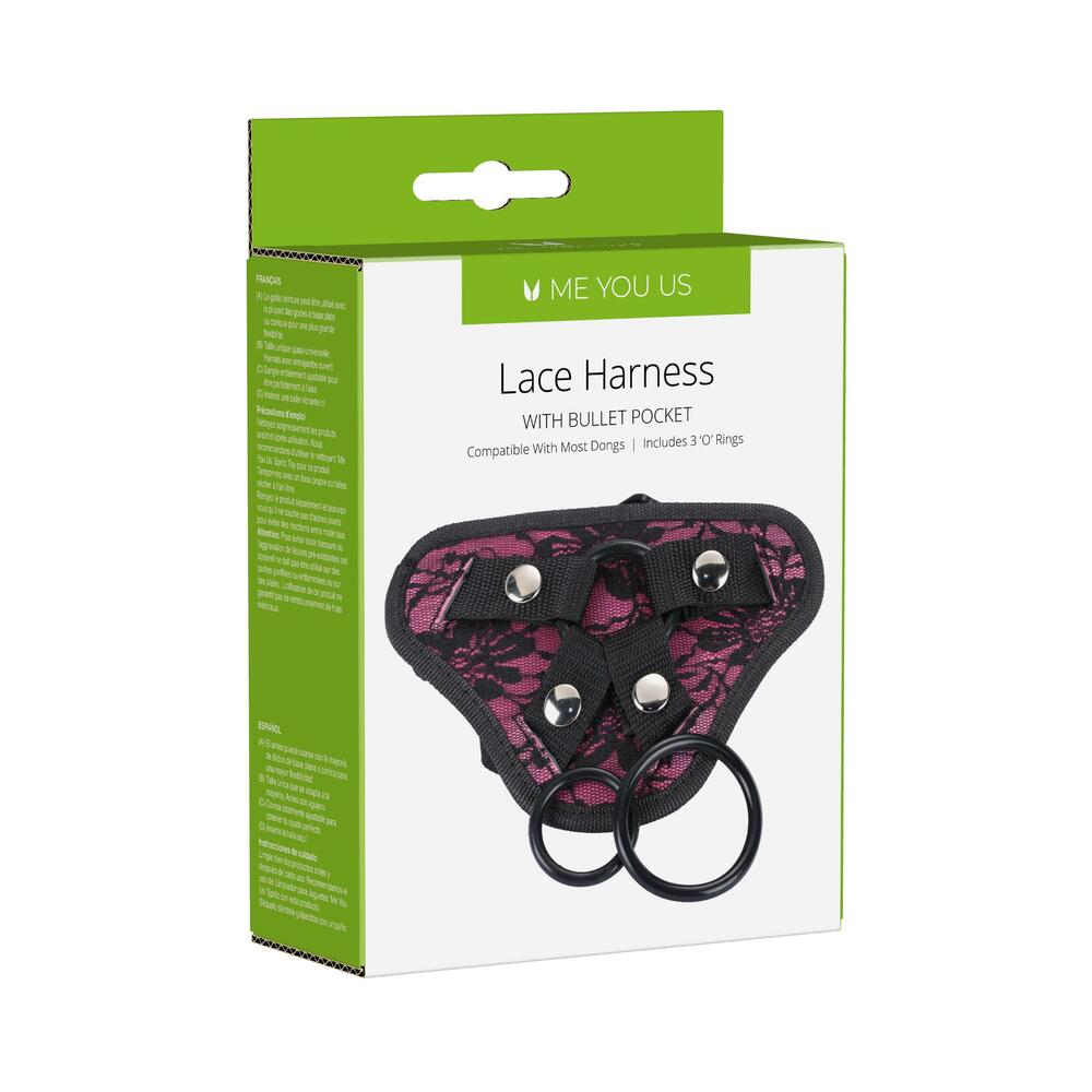 Me You Us Adjustable Harness Pink Me You Us hot pink lace harness front panel with black straps and metal snaps on box