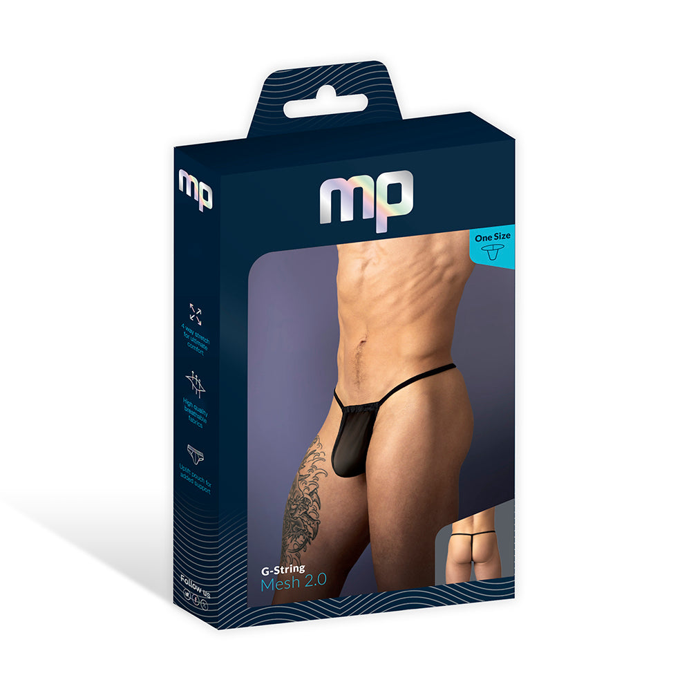 Male Power Mesh 2.0 G-String Black O/S Male Power Mesh 2.0 G-String in black one size displayed in a navy window retail box