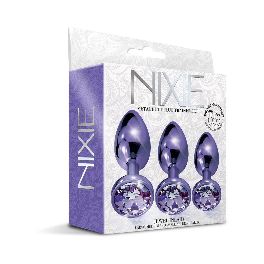 Nixie Metal Butt Plug Trainer Set 3-Piece Purple Metallic Nixie purple metallic three-piece plug set beside retail box