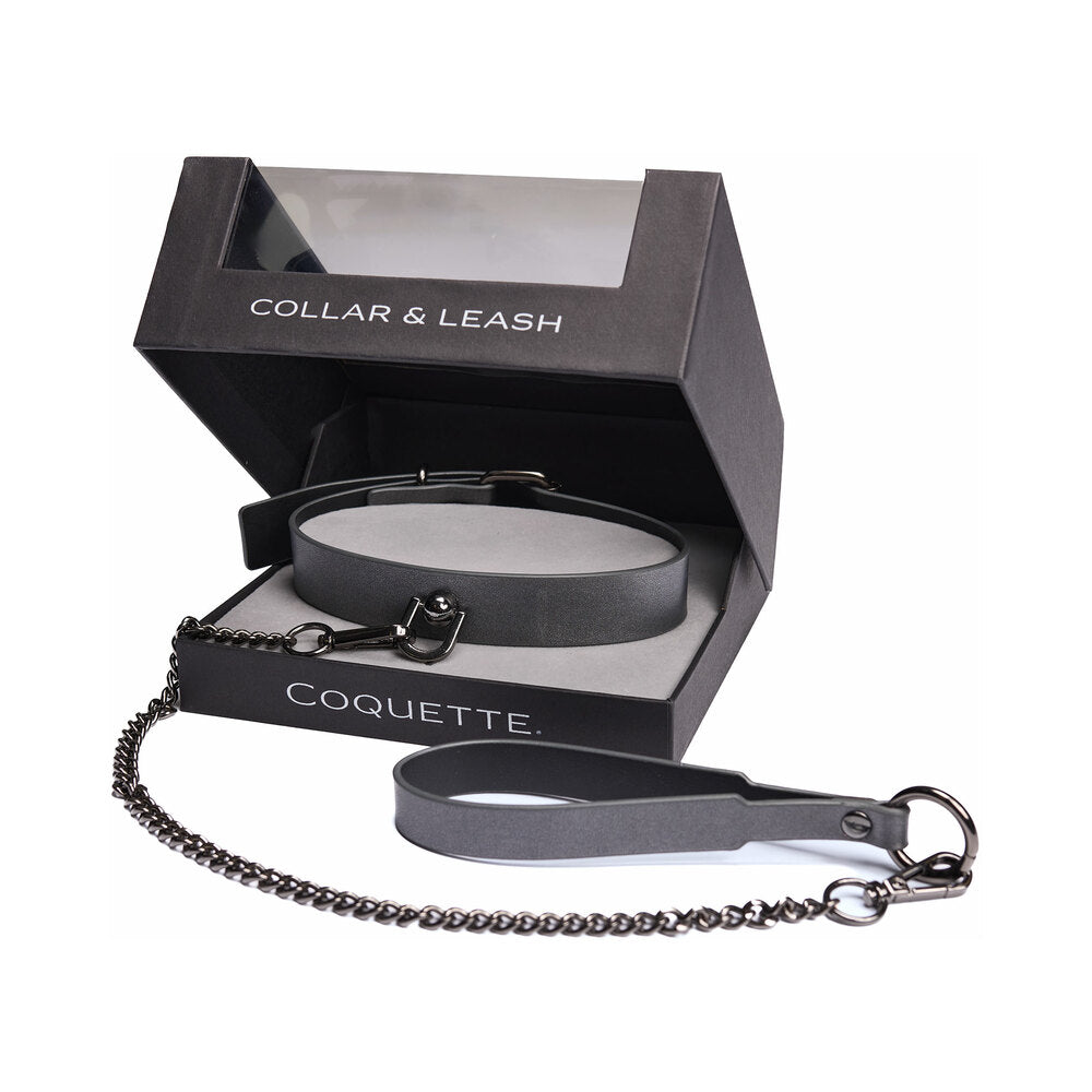 Coquette Pleasure Collar & Leash Grey Coquette gray collar and chain leash arranged inside black display box