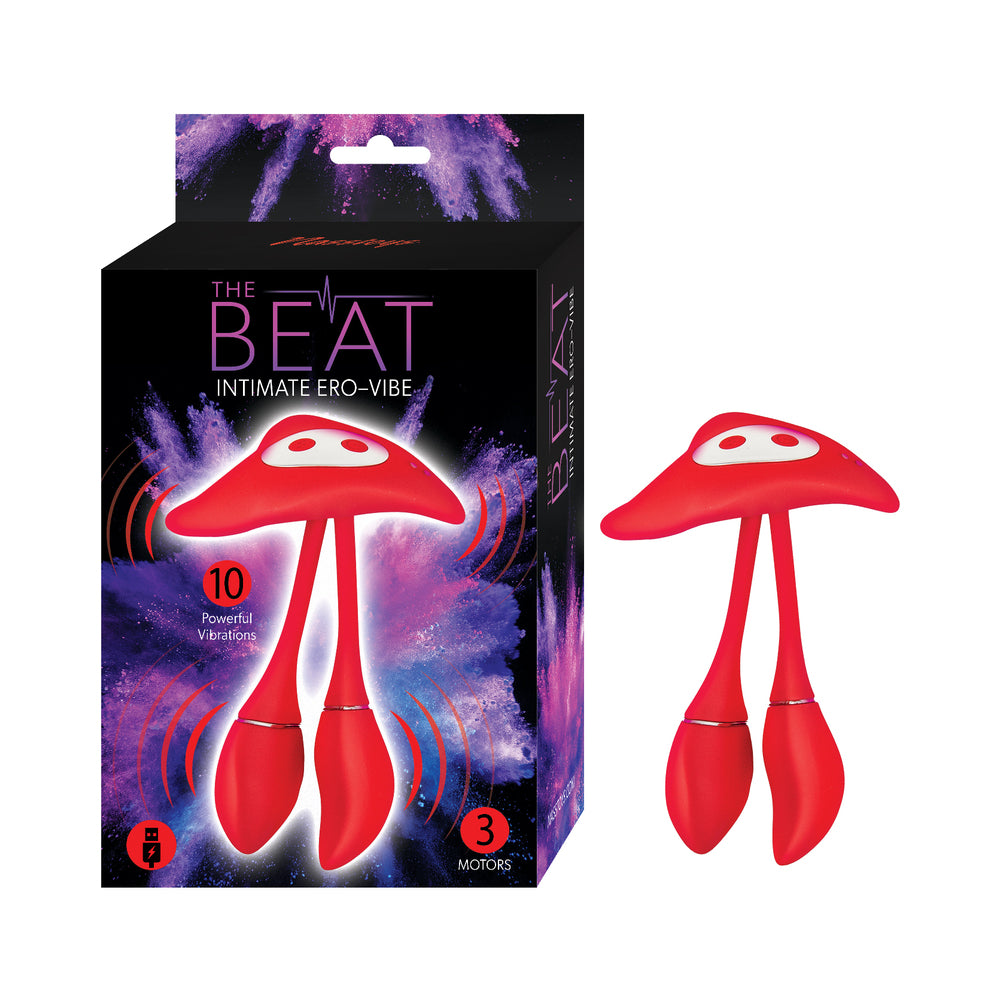 The Beat Intimate Ero-Vibe Red Red Nasstoys The Beat arched three-motor Ero-Vibe beside black retail box