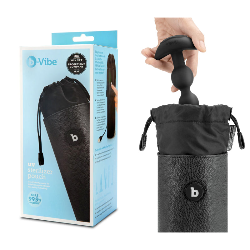 b-vibe UV Sterlizer Pouch Black b-Vibe black UV Sterilizer Pouch beside blue retail box