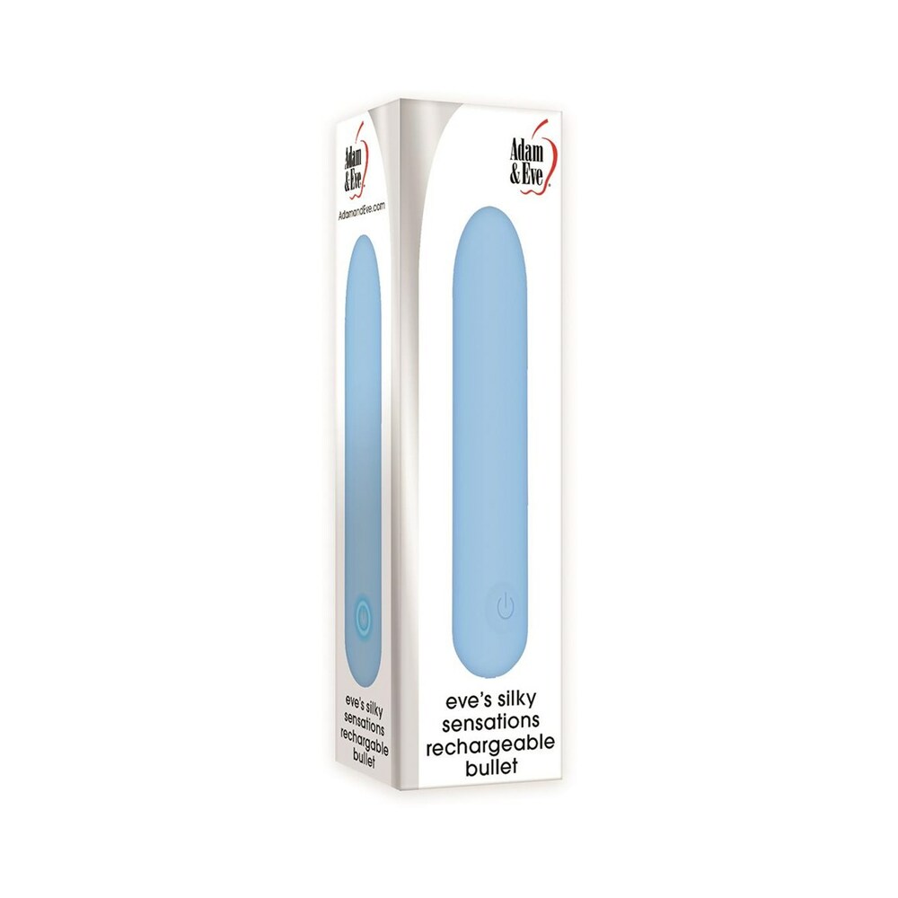 Adam & Eve Eve''s Silky Sensations Rechargeable Bullet Adam & Eve Silky Sensations blue rechargeable bullet pictured inside white retail box