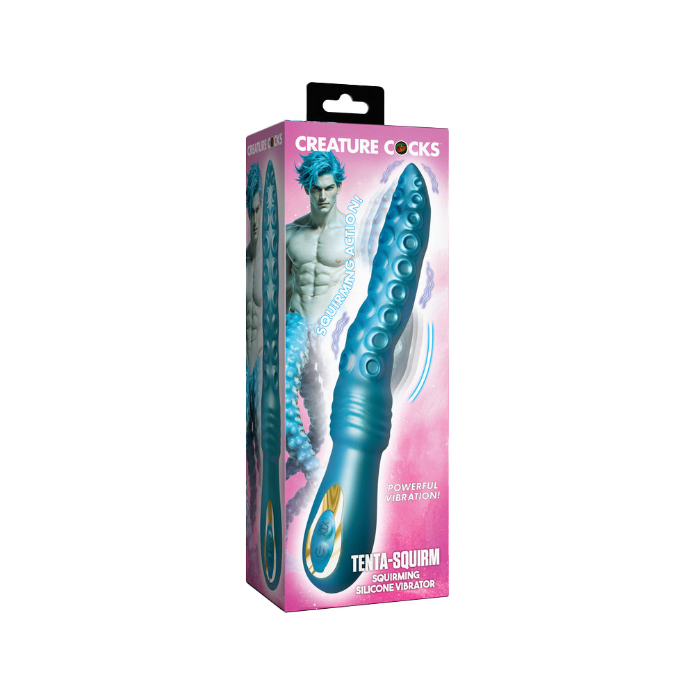 Creature Cocks Tenta-Squirm Squirming Silicone Vibrator XR Brands Creature Cocks Tenta-Squirm teal vibrator retail box with curved tentacle vibrator pictured