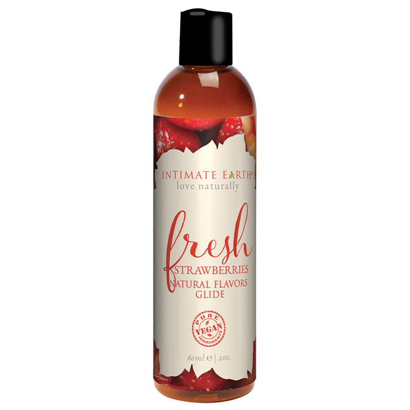 Intimate Earth Fresh Strawberries Pleasure Glide 60 ml/2 oz Intimate Earth Fresh Strawberries 2-ounce liquid upright bottle with black cap and strawberry artwork label