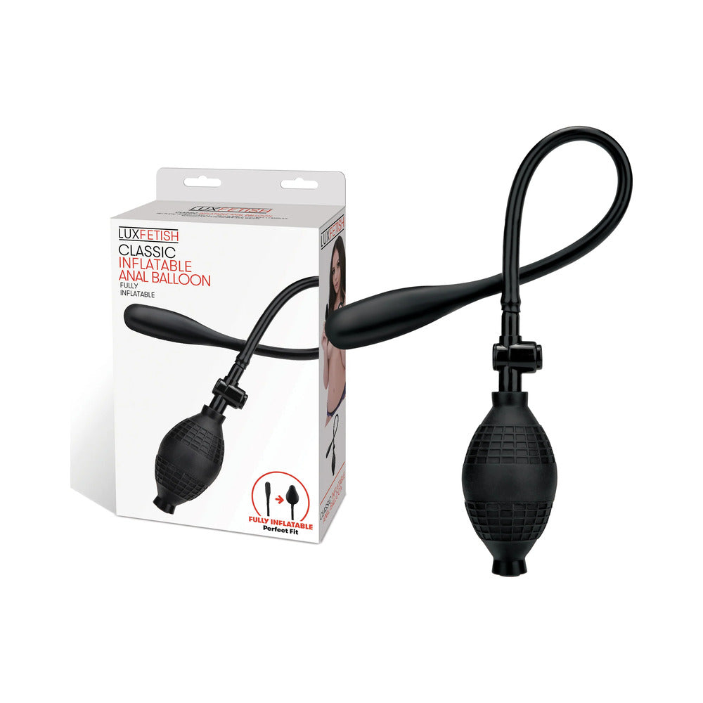 Lux Fetish Classic Inflatable Anal Balloon Lux Fetish black inflatable anal balloon beside retail box