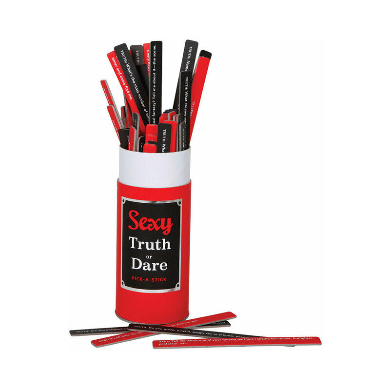 Sexy Truth or Dare Pick-A-Stick Game red Sexy Truth or Dare cylinder with red and black sticks spread below