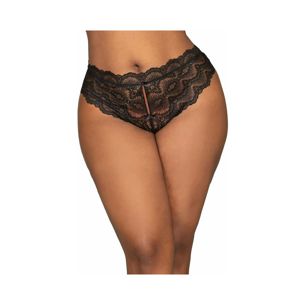 Dreamgirl Lace Tanga Open-Crotch Panty and Elastic Open Back Detail Black 3X Hanging Front view of black floral lace open-crotch tanga panty