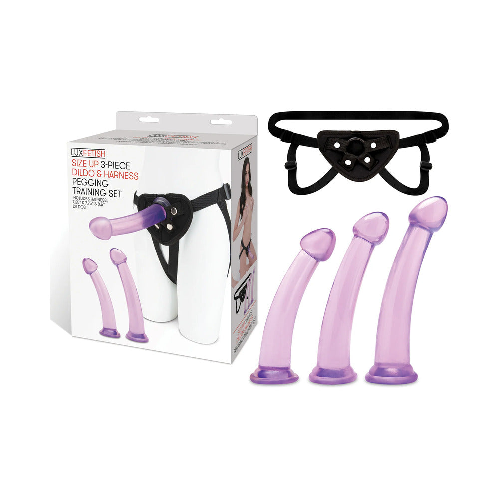 Lux Fetish Size Up 3-Piece Dildo & Harness Pegging Training Set Lux Fetish Size Up purple dildo and harness boxed set