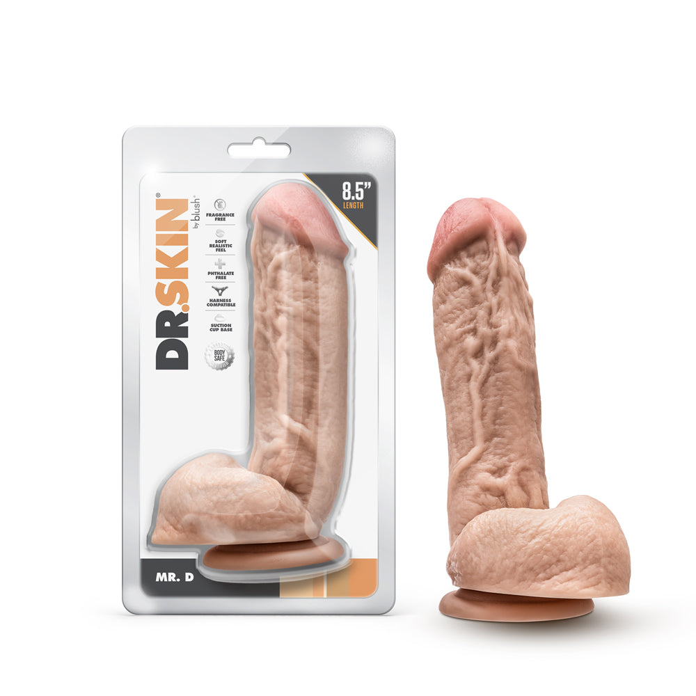 Dr. Skin Mr. D Realistic 8.5 in. Dildo with Balls Beige Blush Dr. Skin Mr. D beige 8.5-inch TPE dildo beside front retail package