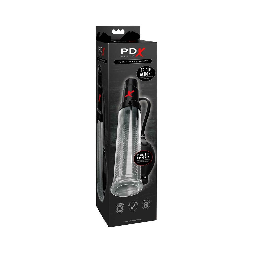 PDX Elite Suck-N-Pump Vibrating Penis Pump & Stroker Clear PDX Elite Suck-N-Pump retail box