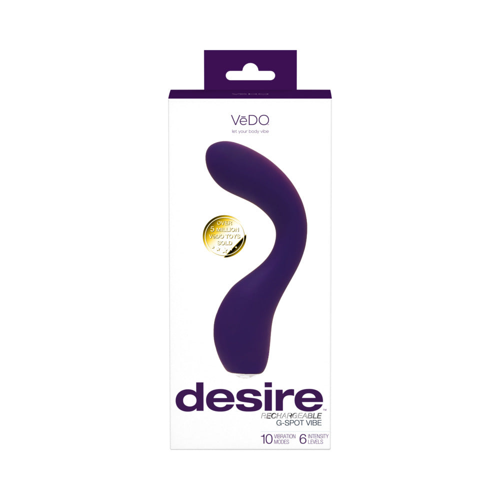 VeDO Desire Rechargeable G-Spot Vibe Purple purple S-curved VeDO Desire vibrator visible through a tall white and purple retail box