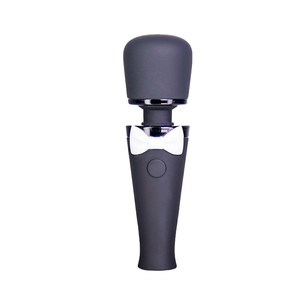 Black Tie Affair Mini Wand BMS Black Tie Affair rechargeable mini wand upright front view with black head and white bow-tie accent