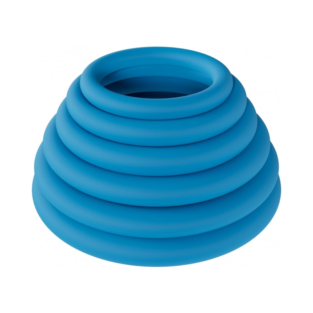LEVELZ Classic Silicone Cock Ring Set of 6 All Sizes Teal Six teal LEVELZ Classic silicone rings nested by size