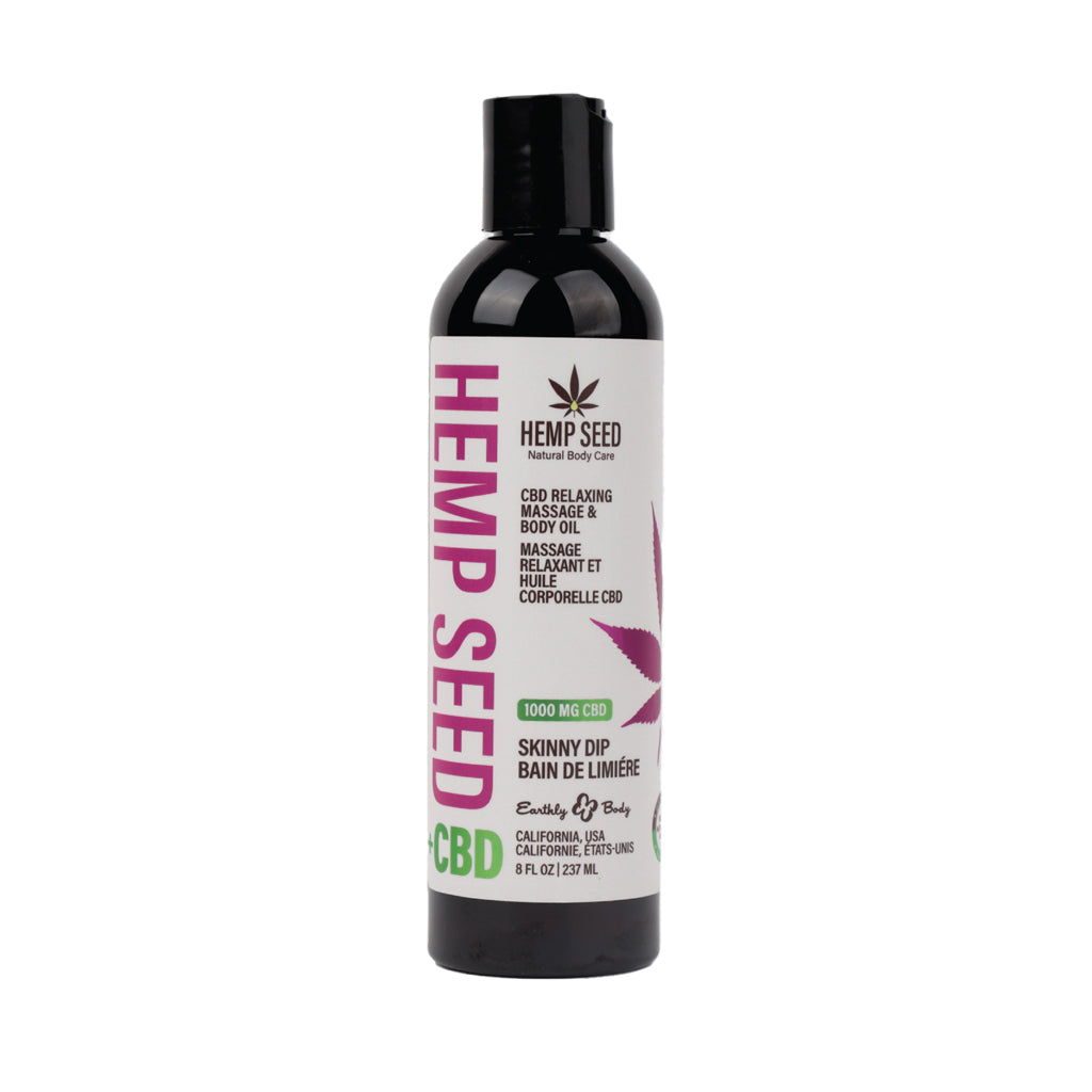 Earthly Body Hemp Seed CBD Relaxing Massage and Body Oil Skinny Dip 8 oz. Front of 8 oz Earthly Body Hemp Seed CBD Skinny Dip oil bottle