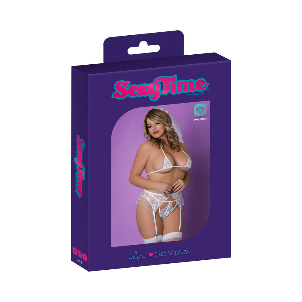 Magic Silk Sexy Time Ever After White Queen Size Magic Silk Ever After white lace set Queen displayed in purple retail packaging