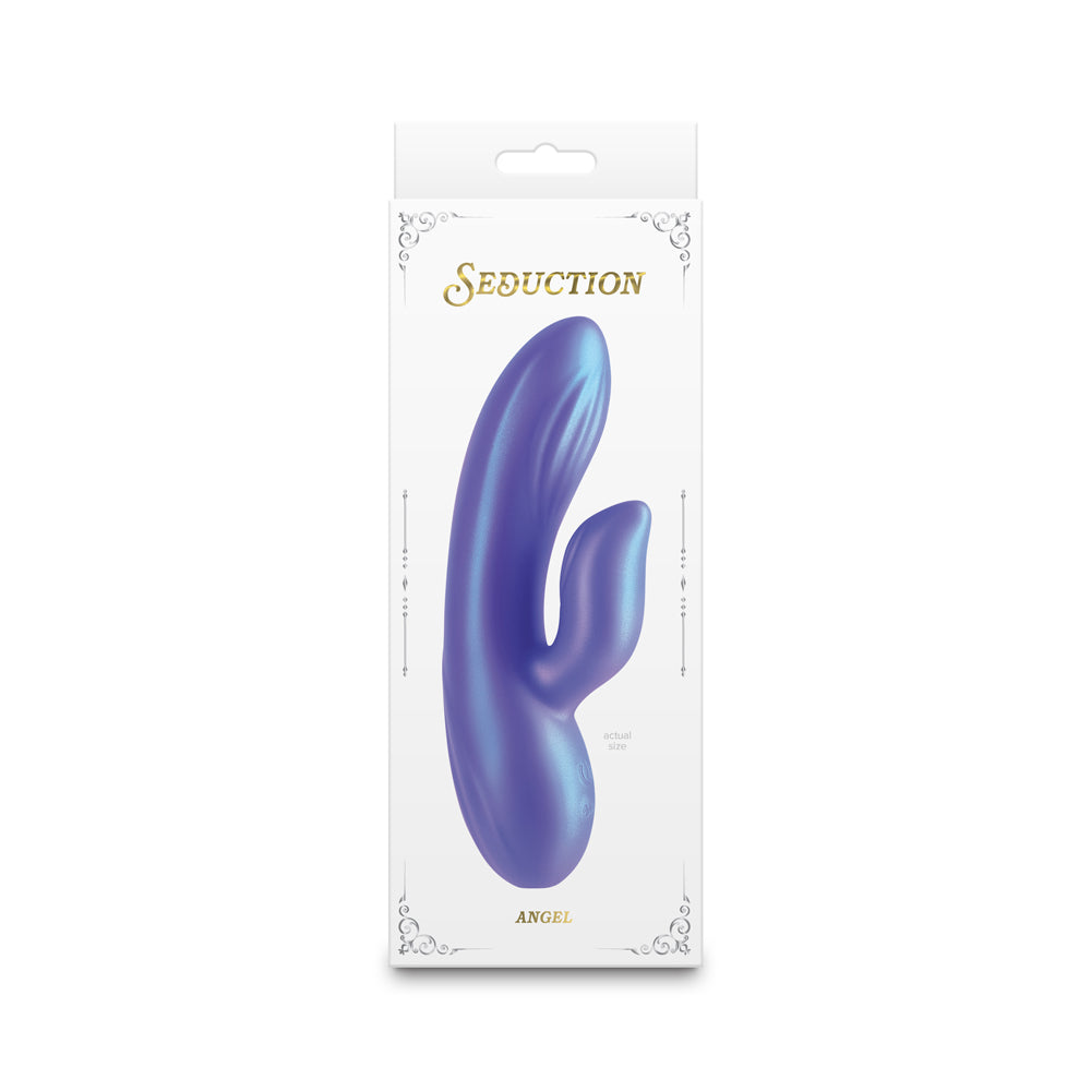 Seduction Angel Metallic Coral iridescent purple and blue Seduction Angel rabbit vibrator in white box