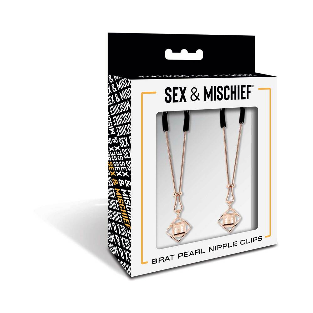Sportsheets Sex & Mischief Brat Pearl Nipple Jewelry Sportsheets Brat rose gold pearl nipple clips pair inside front retail package