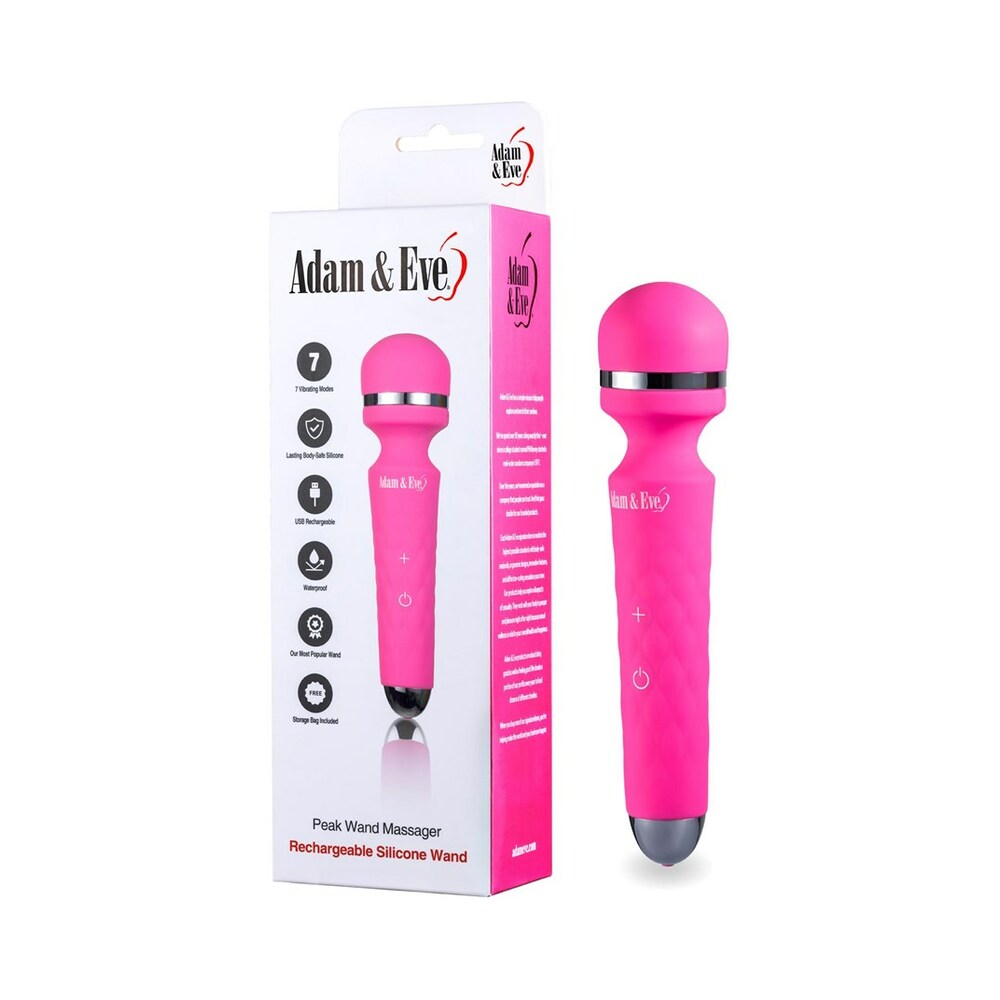 Adam & Eve Peak Wand Massager Adam & Eve Peak hot-pink wand massager beside white and pink retail box