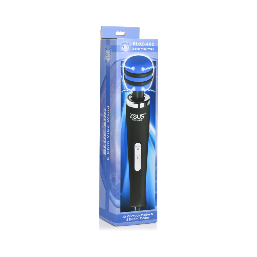 Zeus Electrosex E-Stim Vibrating Wand Massager Zeus Blue-Arc black wand with striped round head displayed on blue box