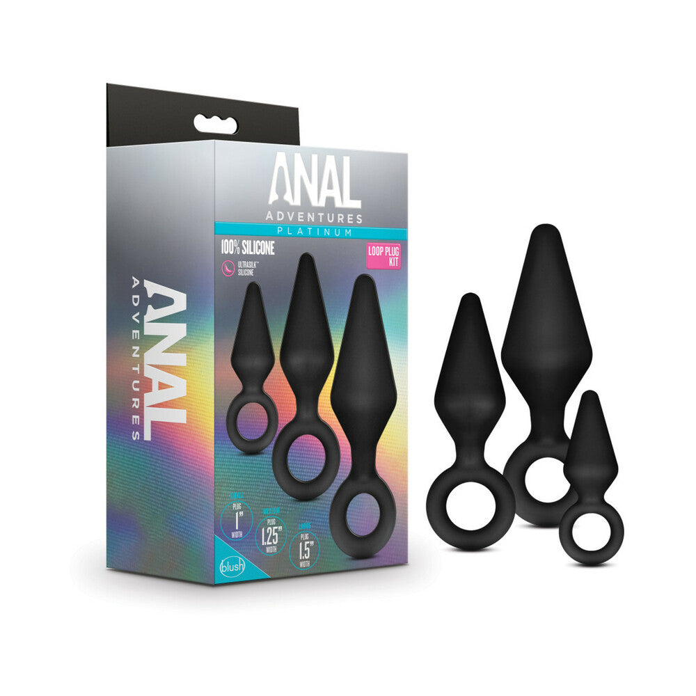 Anal Adventures Platinum Silicone 3-Piece Loop Plug Kit Black Anal Adventures three-piece black loop plug kit retail box