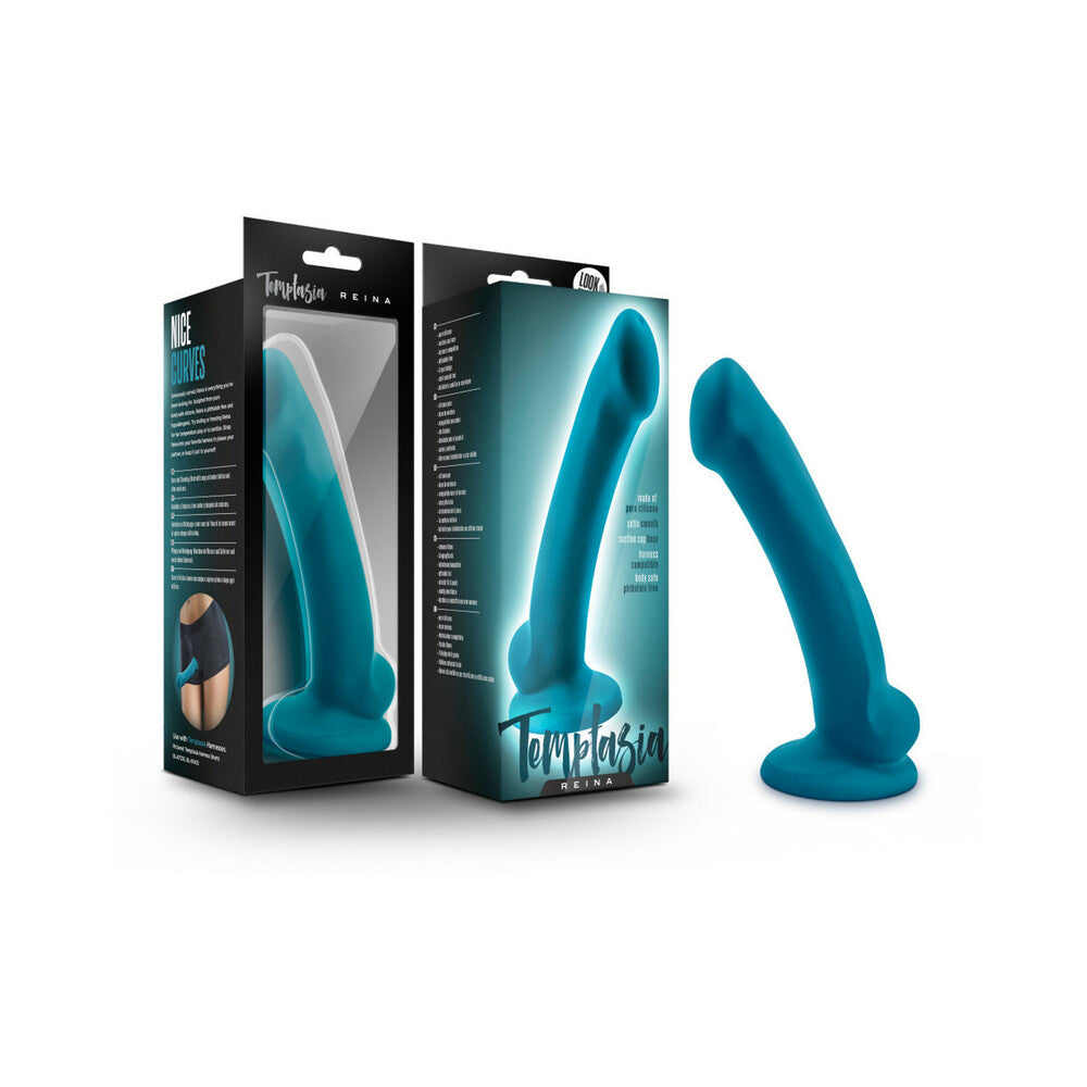 Temptasia Reina 7 in. Silicone Dildo Teal Teal Temptasia Reina curved dildo with black retail box