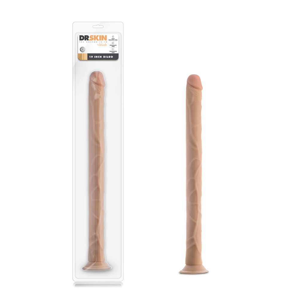 Dr. Skin 19 in. Dildo Beige Blush Dr. Skin beige 19 inch TPE dildo beside clear retail package