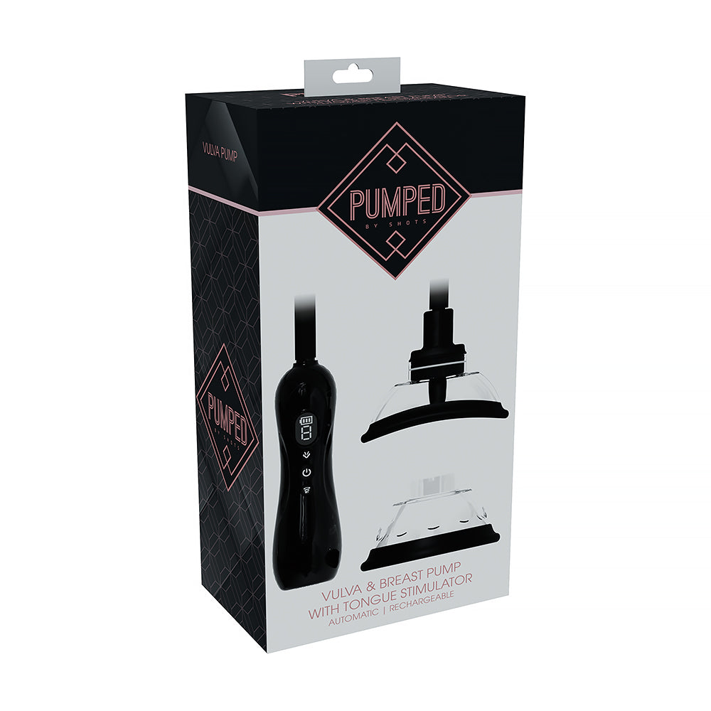 PUMPED Automatic Rechargeable Vulva & Breast Pump with Tongue Stimulator Black PUMPED black rechargeable pump with flanged attachment black and white retail box front view