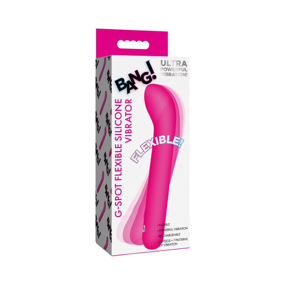 BANG! G-Spot Flexible Silicone Vibrator Pink BANG pink flexible curved vibrator in illustrated retail packaging