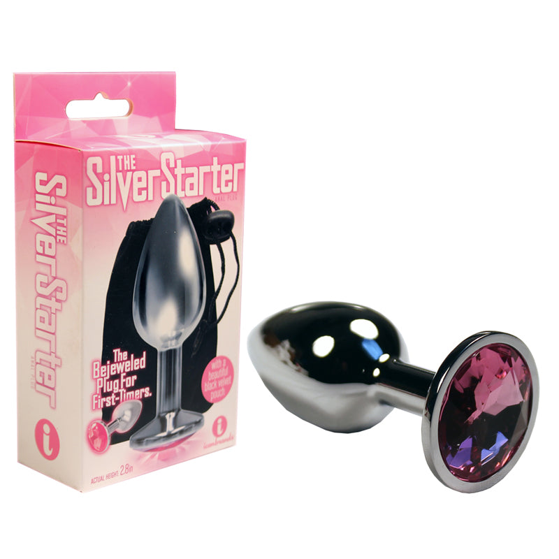 The 9''s, The Silver Starter, Bejeweled Stainless Steel Plug Pink The 9's Silver Starter Pink Jewel Plug pink retail carton beside silver plug and faceted jewel base