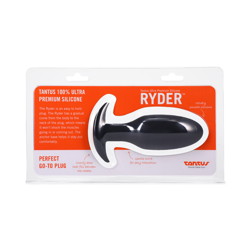 Tantus Ryder Anal Plug Onyx Tantus Ryder Onyx plug displayed in clear and orange retail pack
