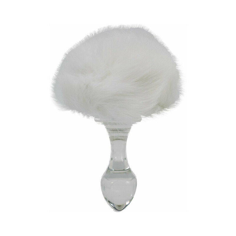 Crystal Delights Magnetic Bunny Tail Plug White clear teardrop glass plug with large white faux-fur bunny tail