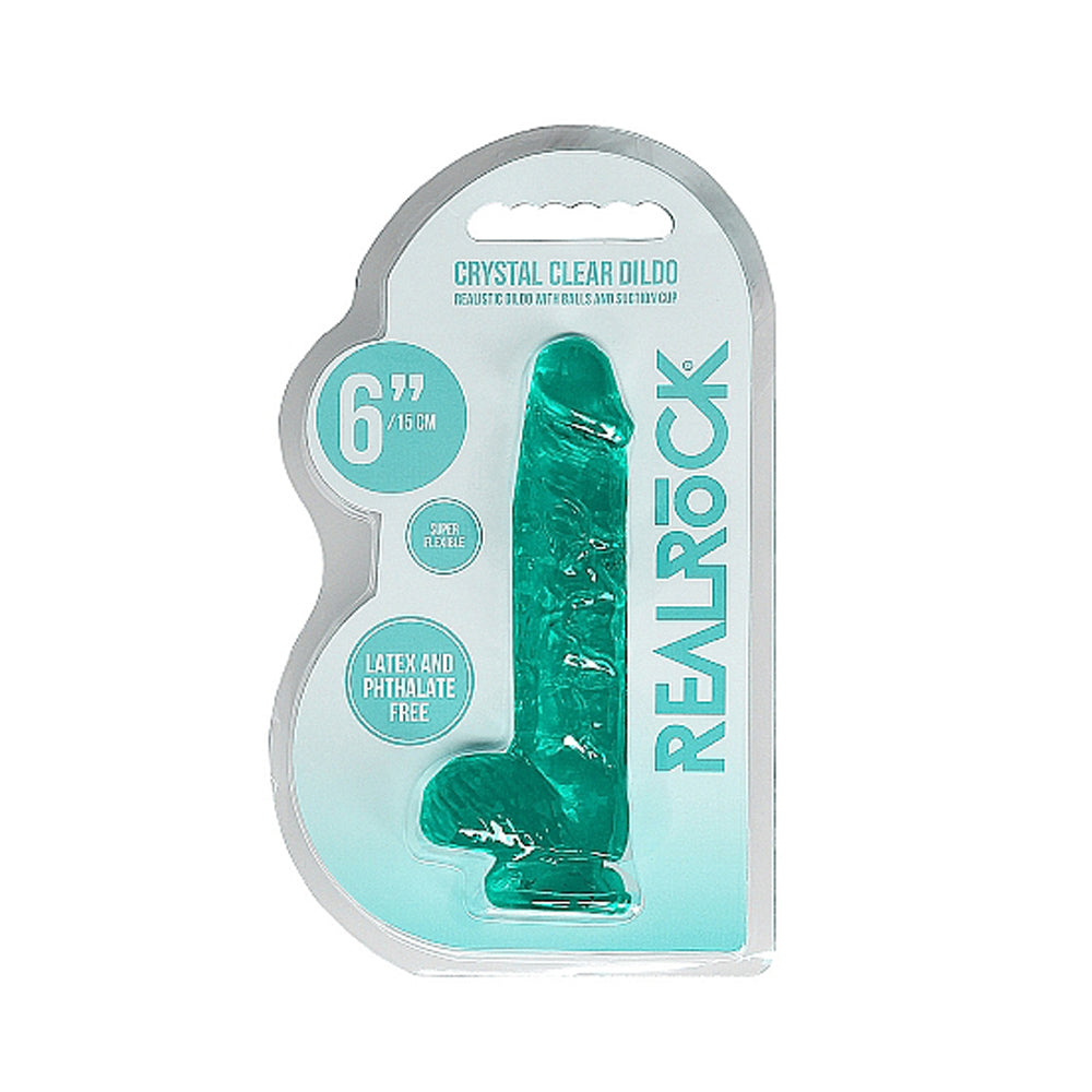 RealRock Crystal Clear Realistic 6 in. Dildo With Balls and Suction Cup Turquoise Turquoise RealRock Crystal Clear dildo in transparent retail pack