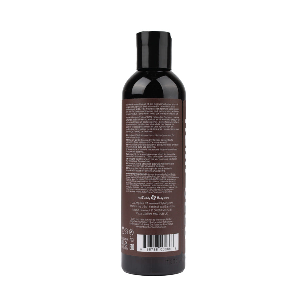 Earthly Body Hemp Seed Massage Oil Lavender 8 oz. Rear view of Earthly Body hemp seed massage oil dark bottle