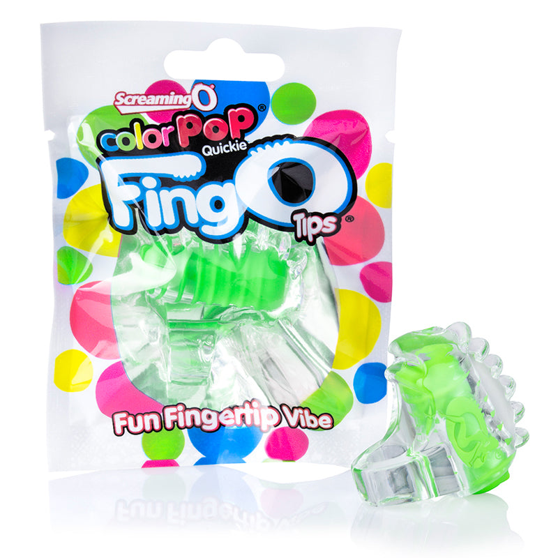 Screaming O ColorPop FingO Tip Green ColorPop FingO Tip Green finger vibrator beside colorful retail pouch