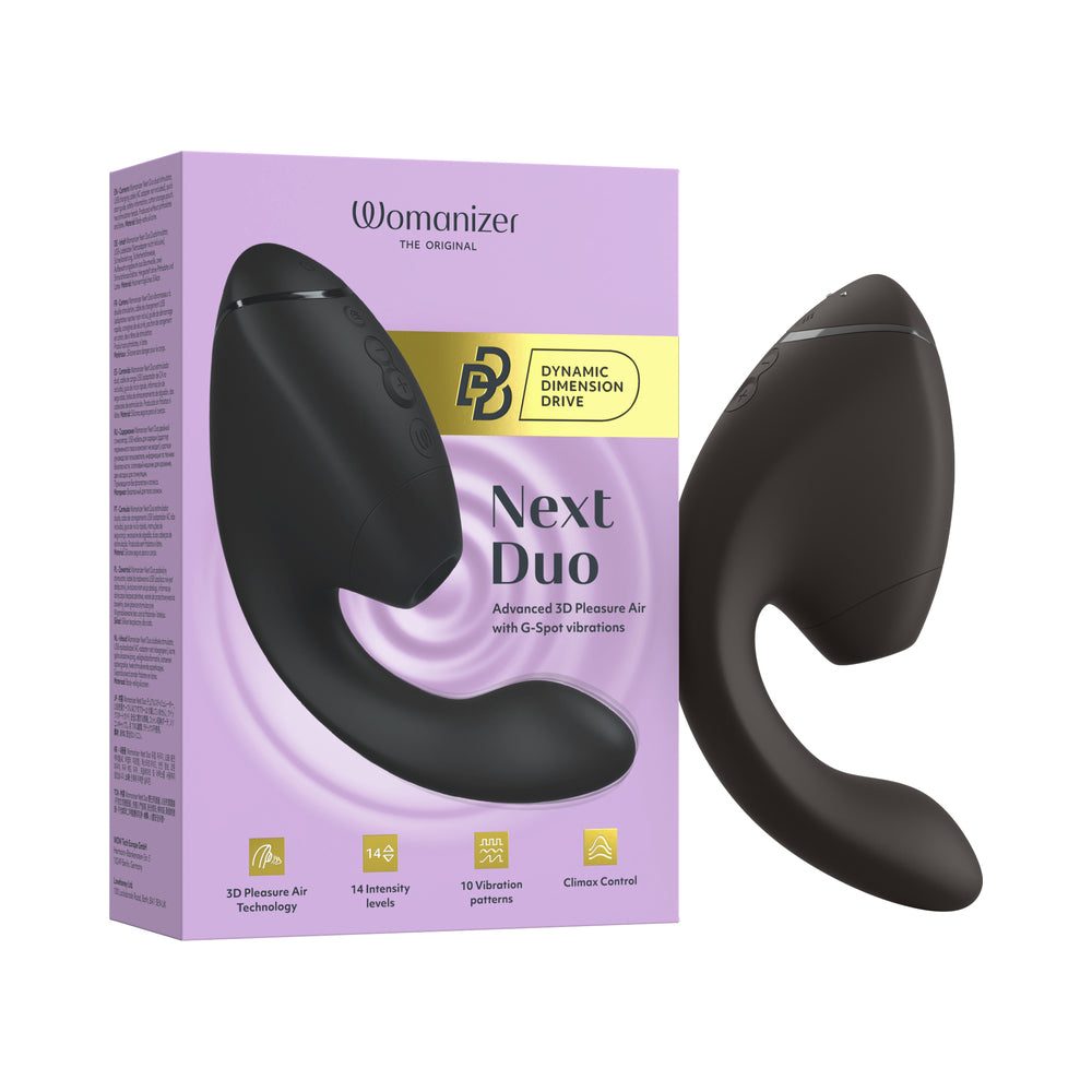 Womanizer Next Duo Black Womanizer Next Duo black dual-arm vibrator beside lavender box