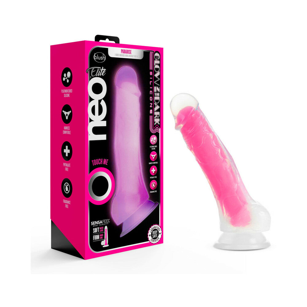 Neo Elite Glow in the Dark Viper 7 in. Dual-Density Dildo Neon Pink Pink Blush Neo Elite Viper dildo standing beside retail box