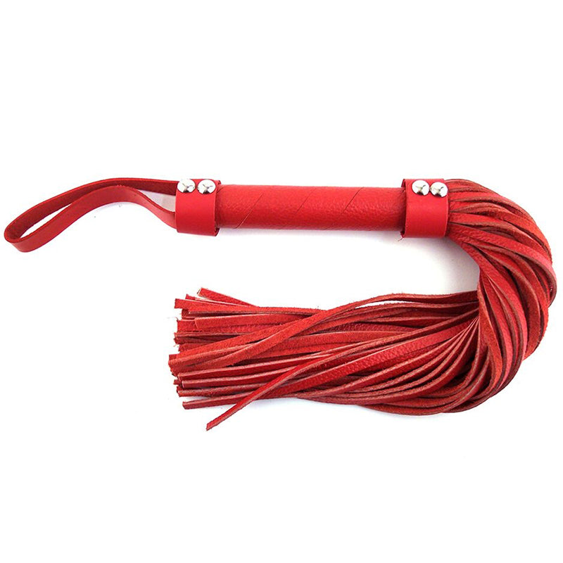 Rouge H-Style Leather Flogger Red Rouge Red Leather H-Style Flogger red wrapped handle with wrist loop and bundle of flat falls