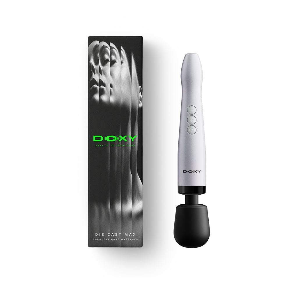 Doxy Die Cast Wand Cordless White Doxy Die Cast cordless white wand beside black retail box