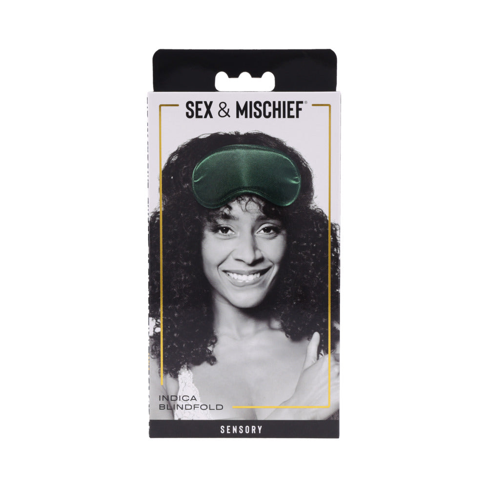 Sportsheets Sex & Mischief Indica Blindfold Green Sportsheets Indica padded blindfold displayed on Sex and Mischief card