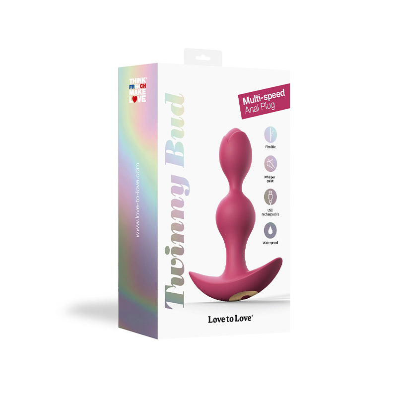 Love to Love Twinny Bud Rechargeable Silicone Multi-Speed Vibrating Anal Plug Plum Twinny Bud Plum double-bead vibrating plug in white retail box
