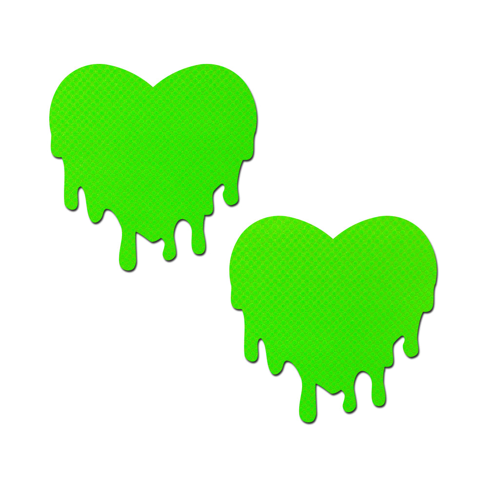 Pastease Neon Green Melty Heart Nipple Pasties pair of neon green glitter heart nipple pasties with dripping lower edges
