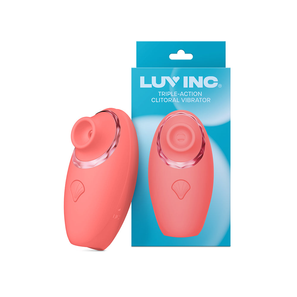 Luv Inc Tv11 Triple-Action Clitoral Vibrator Rechargeable Silicone 3-in-1 Stimulator Coral Luv Inc TV11 coral triple-action vibrator beside retail box
