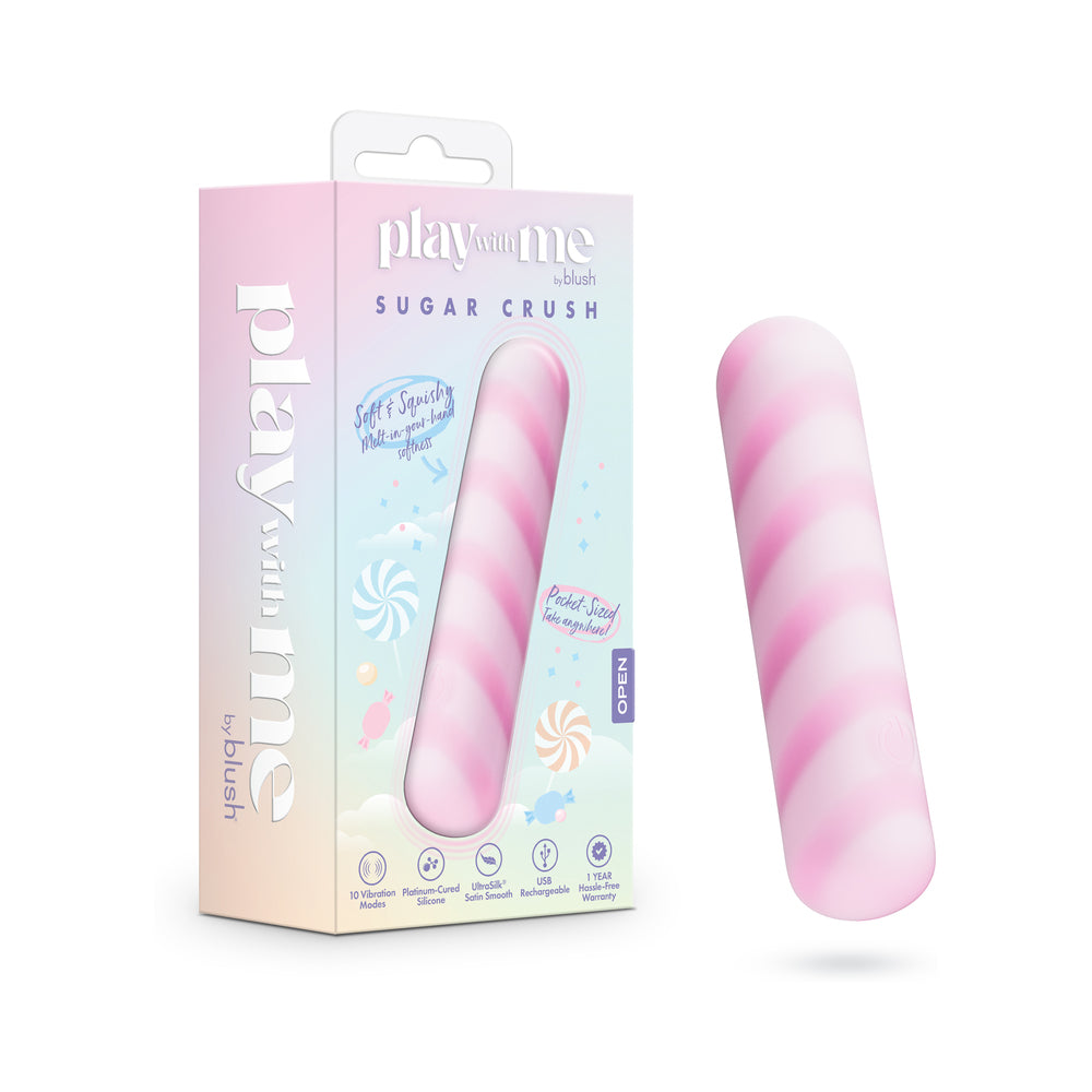 Play With Me Sugar Crush Pink Pink-and-white Play With Me Sugar Crush vibrator beside box