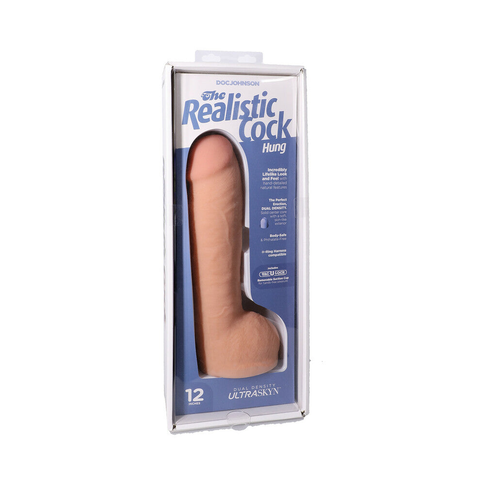 The Realistic Cock Hung 12 in. ULTRASKYN Vac-U-Lock Dildo Vanilla 12-inch vanilla Realistic Cock Hung ULTRASKYN dildo inside blue window case
