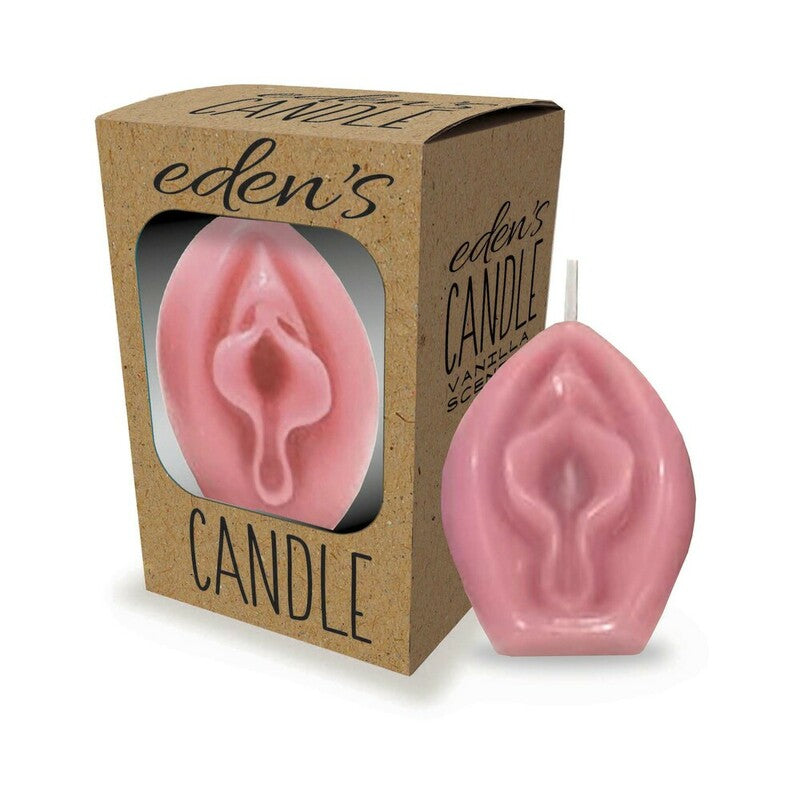 Eden''s Vagina Candle Rose rose-pink sculpted Eden's vagina candle beside kraft cardboard display box