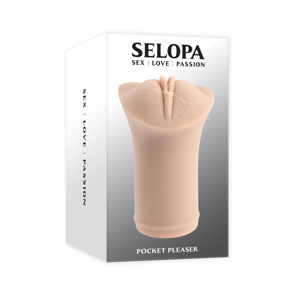 Selopa Pocket Pleaser Stroker Light light-tone Selopa Pocket Pleaser stroker pictured in white box