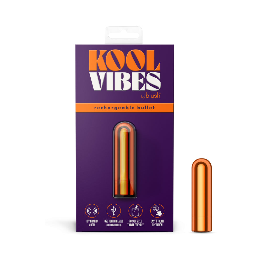 Kool Vibes Rechargeable Mini Bullet Tangerine tangerine Kool Vibes rechargeable mini bullet beside purple retail card